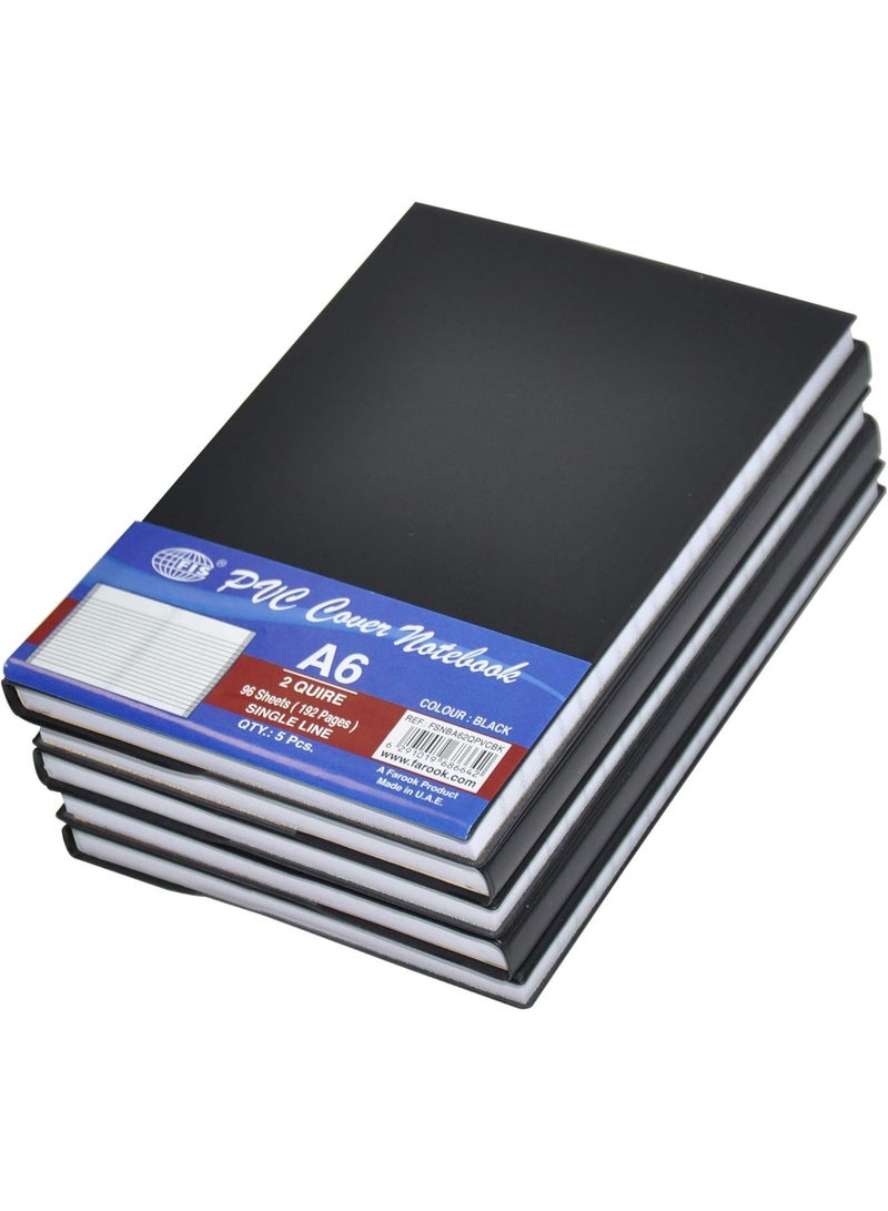 FIS PVC Cover Note Book, 96 sheets, 192 pages, A6 Size, Single Line, Black Colour 5-Piece - FSNBA62QPVCBK - Image 1